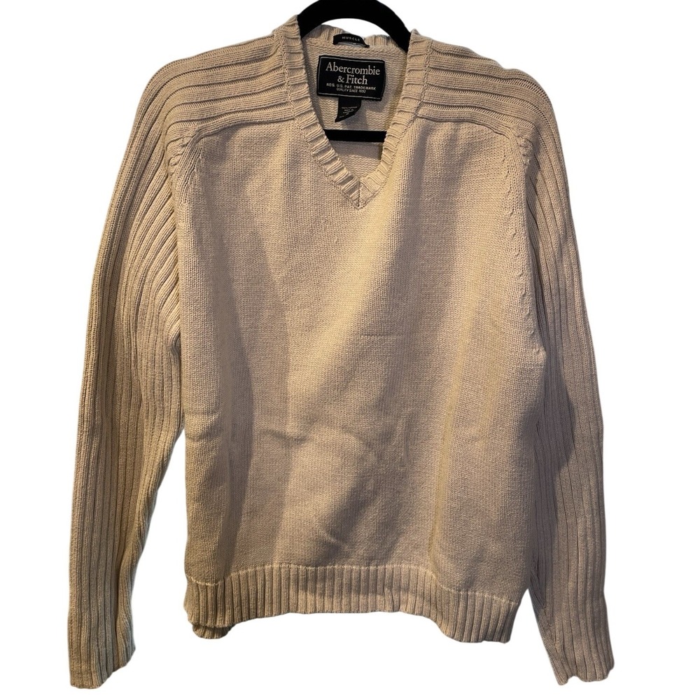 Abercrombie & Fitch Mens Muscle Fit V-Neck Cotton Knit Sweater Beige Cream‎ XL